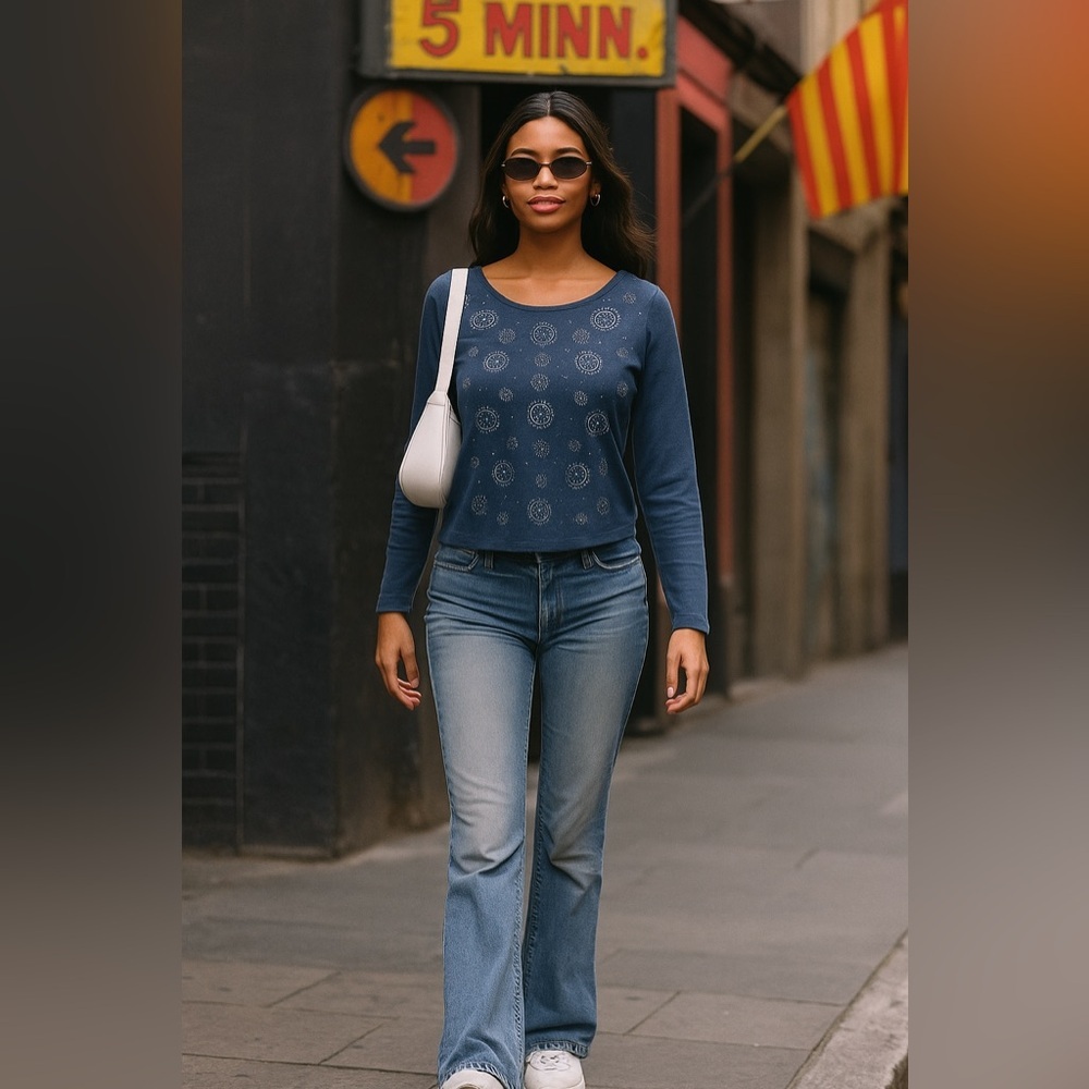 KAREN SCOTT | Denim Blue Top with Metallic Accents